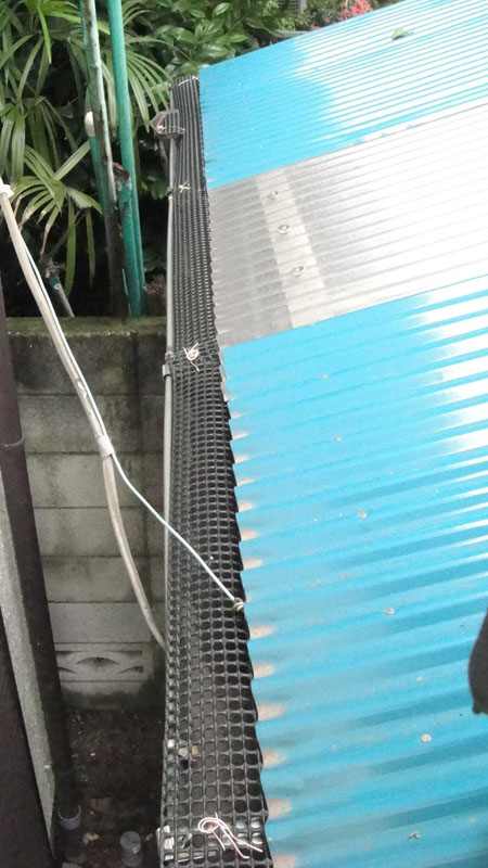 枯葉止め設置後の物置屋根